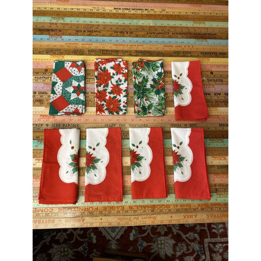 Vintage Christmas Napkins Cloth Set 8 Red Holly Poinsettia Patchwork Retro